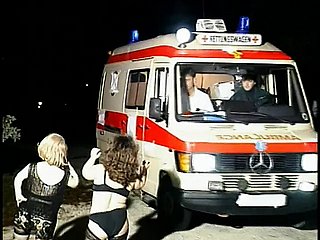 Horny mini sluts drag inflate guy's apparatus hither an ambulance